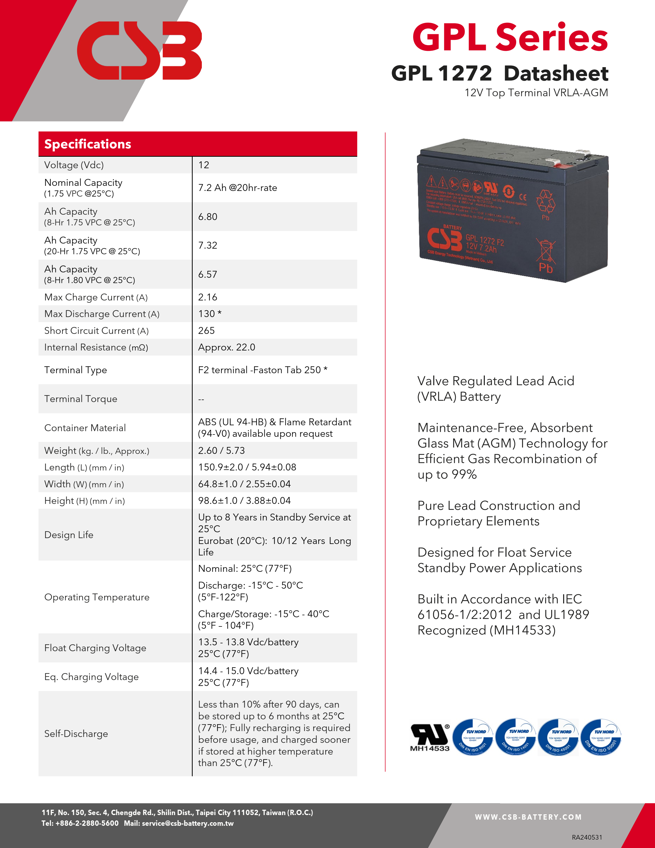 GPL1272 12V 7.2Ah CSB Battery Rechargeable Maintenance-Free Lead Acid Long Life Battery For UPS