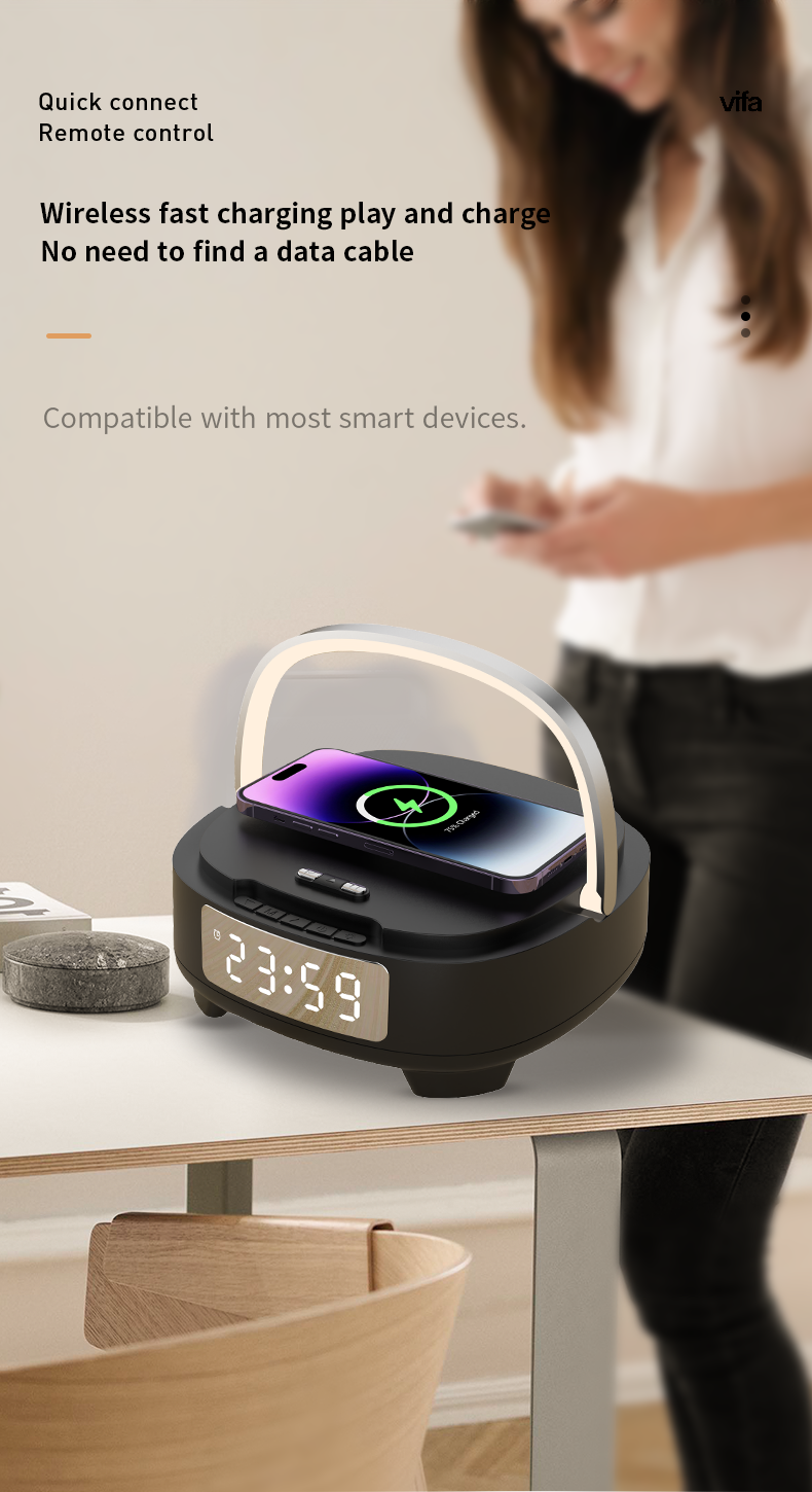 Wireless Fast Charger with Night Light Bluetooth Speaker and Alarm Clock 9V/2A Input