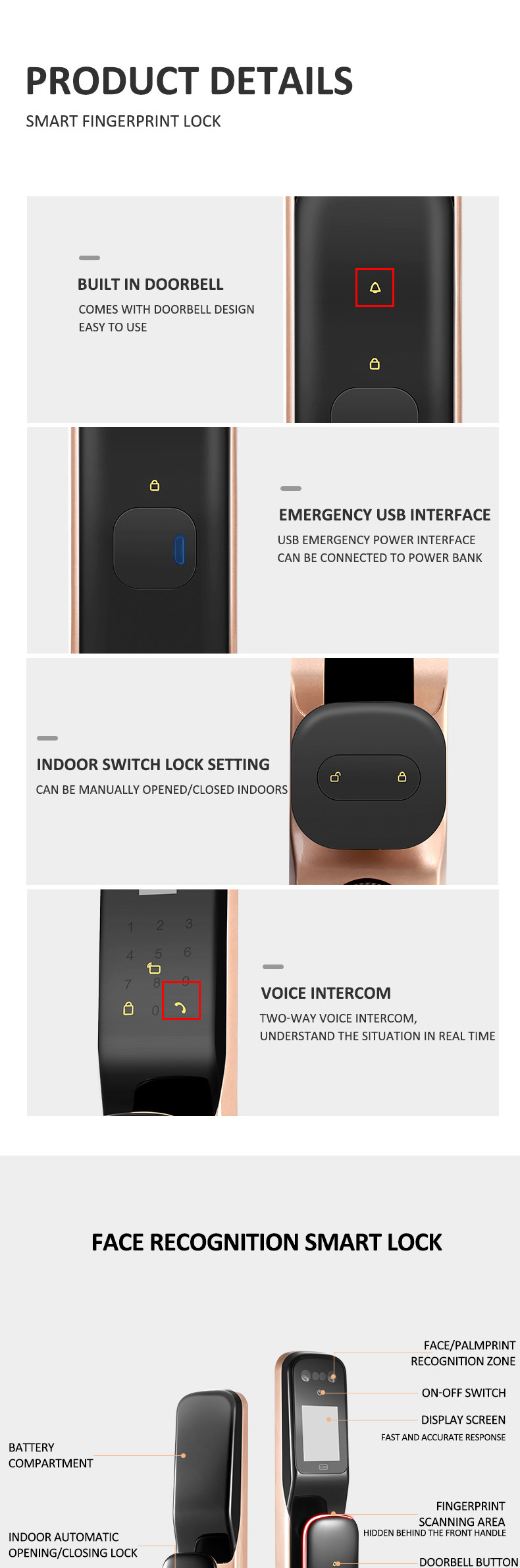 Tuya App Wifi Face Recognition Smart Fingerprint Automatic Front Door Locks