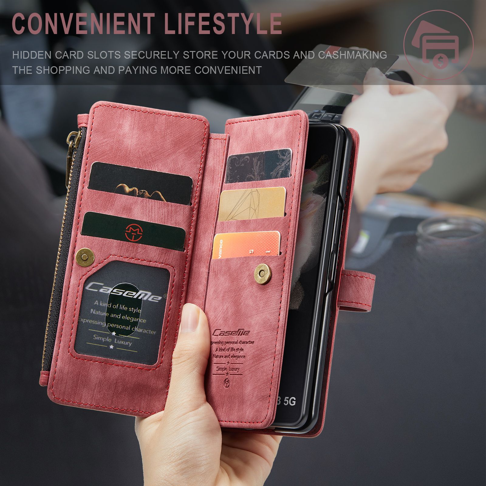 Vintage Card Wallet Phone Case For IPhone 14 Pro Max And Samsung Z Fold 5 In Red Leather
