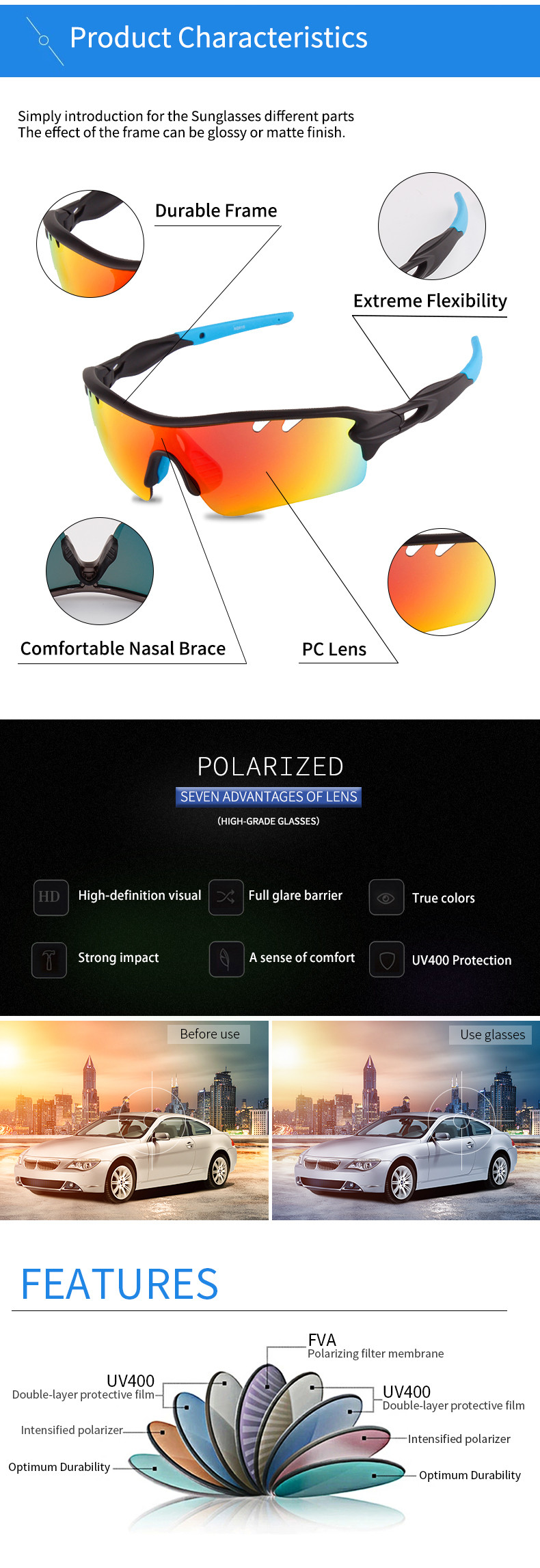 Full Glare Barrier Polarized Sunglasses Optimum Durability Lightweight Unbreakable