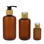 250ml Frosted Amber Cosmetic PET Bottle With Bamboo Pump
