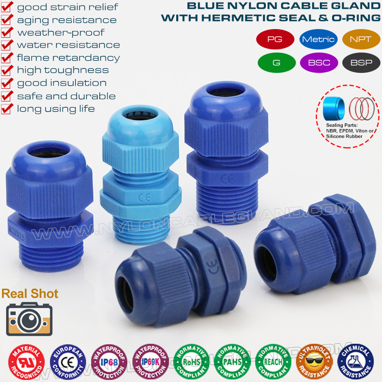 Plastic M20 Blue Cable Gland, IP68 Waterproof Adjustable 6-12mm Cord Gland Cable Fitting for Lighting Fixture
