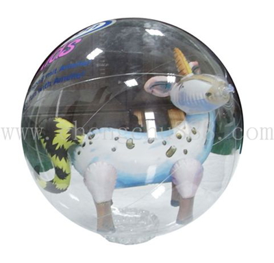 Inflatable beach ball with bottle inside