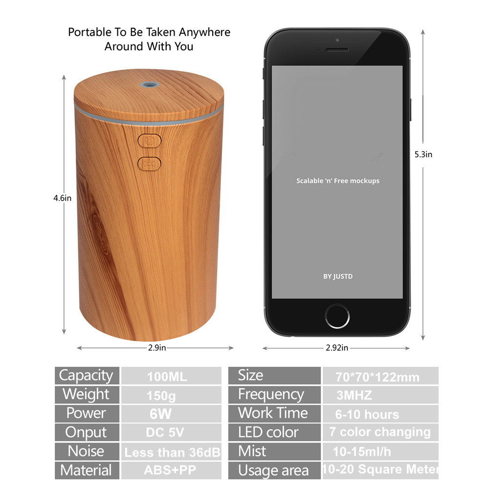 Mini Wooden Grain USB Air Humidifier With 7 Color LED Lights