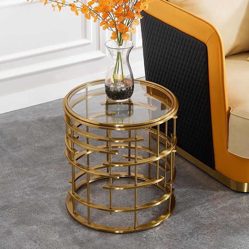 Golden Metal Corner Table Sofa Side Table Round Glass Table Top Bedside Table