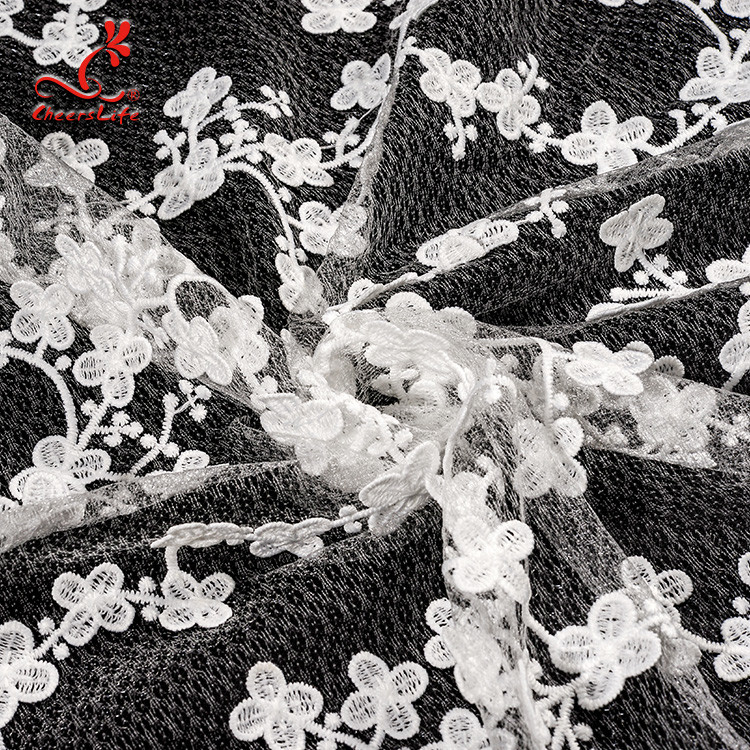 100% Polyester Embroidered Lace Fabric Bussy Floral Lace For Wedding Dress With Swiss Net