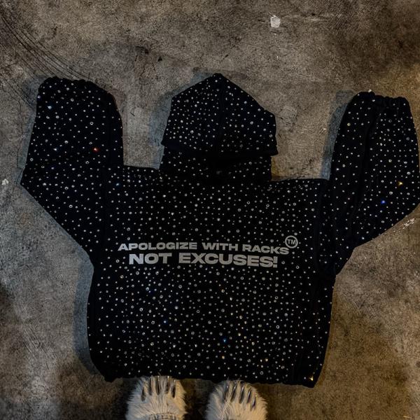 Quality Heavyweight Black Rhinestone Hoodie Streetwear Vintage Distressed Hoodie Windproof for sale