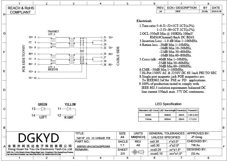 DGKYD511B412AC2A2DPK2068 RJ45 180 Degree Direct Plug Network Interface 10p10c RJ45 With Light