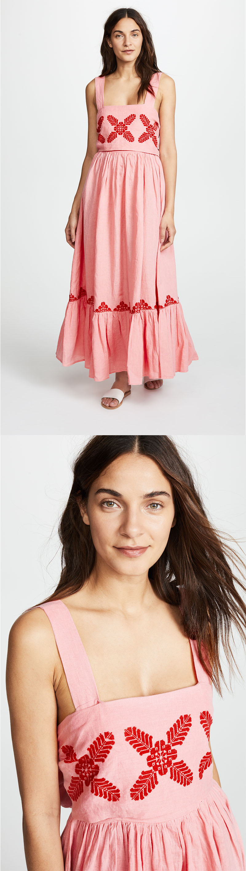 2018 Pink Linen Embroidery Women Maxi Dress Summer