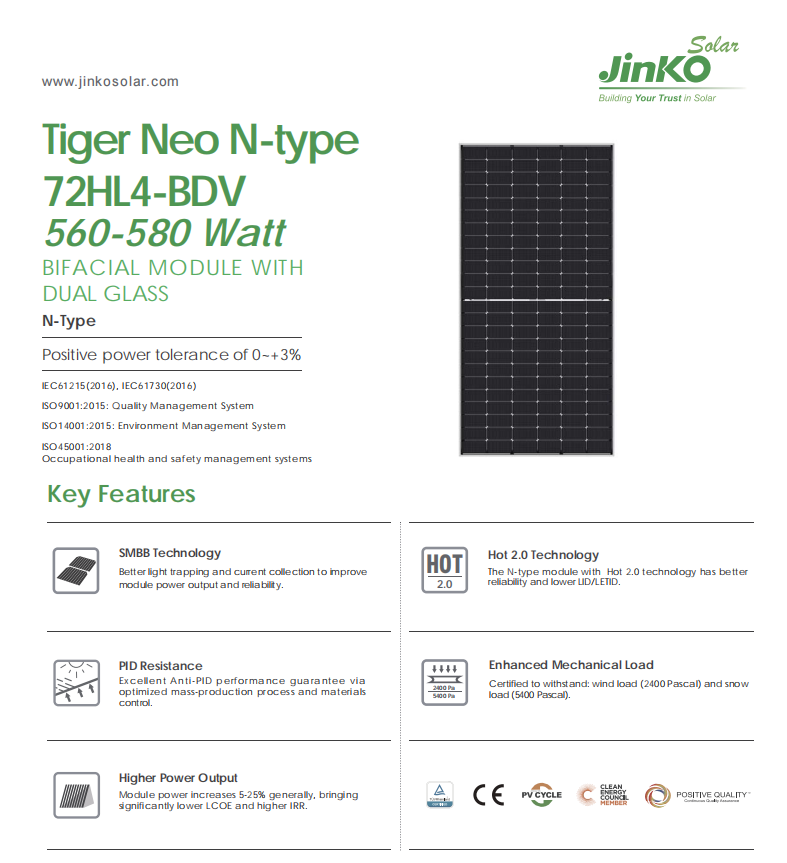 Jinko Pv Module Bifacial Tiger Solar Panel High Efficiency JKM575N-72HL4-BDV Monocrystalline