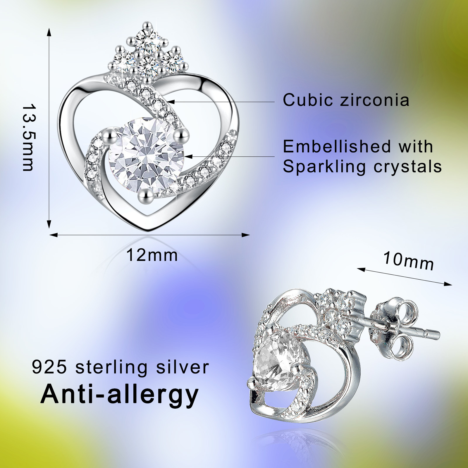 11x9.5mm 1.5g Sterling Silver Heart Earrings 3A Silver Heart Studs SGS