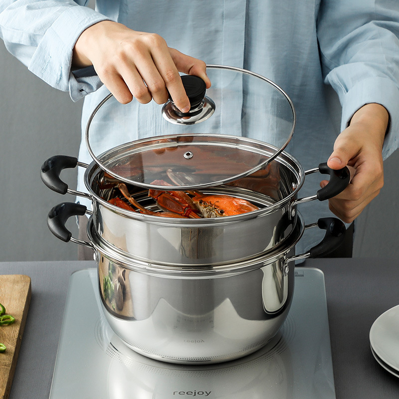 Factory Direct Sale Silver Kitchen Cookware Cooking Soup Stainless Steel 201 Steamer Pot With Glass Lid