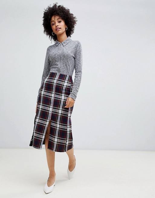 2019 fashionable new arrival tartan with zip detail midi skirt