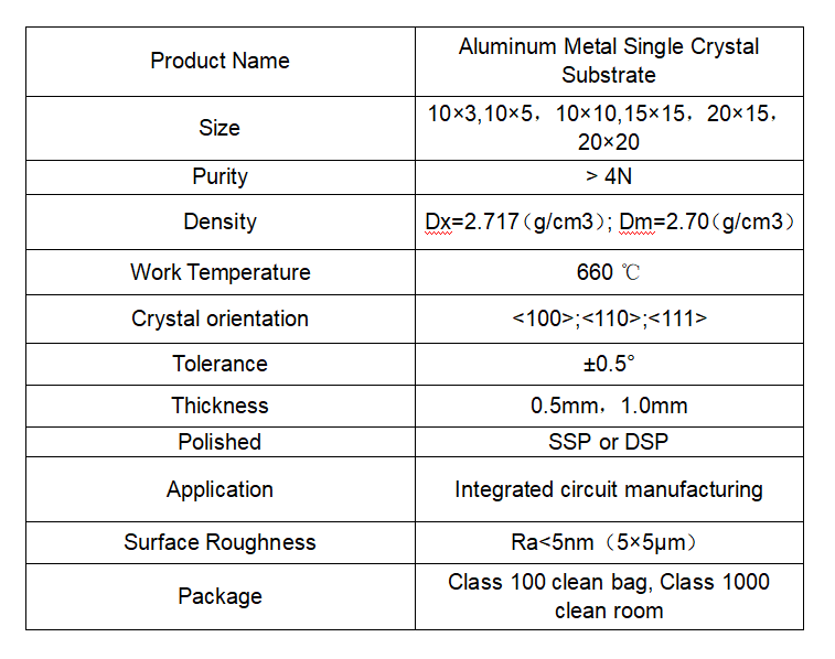 Aluminum Metal Al Single Crystal Substrate SSP DSP Custom Dimensions Integrated Circuit Manufacturing Thickness 0.5mm 1.0mm
