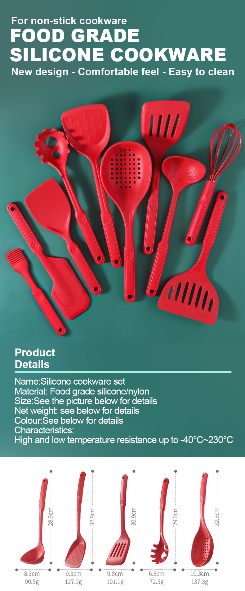 Reusable Seamless Silicone Cooking Utensils Set With SS Core