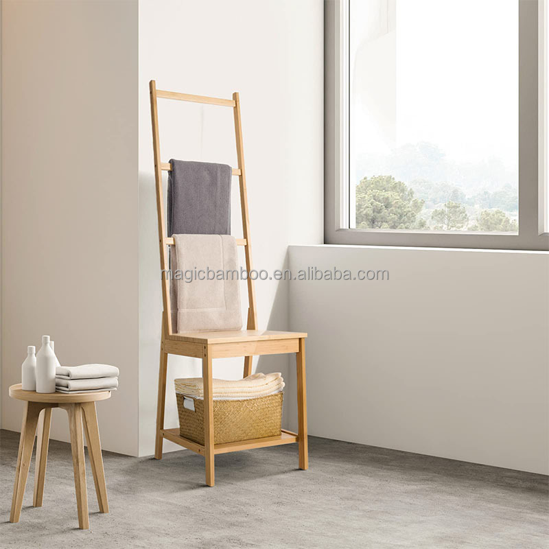 Multifunctional Bamboo Bathroom Towel Shelf Rail Floorstanding Storage
