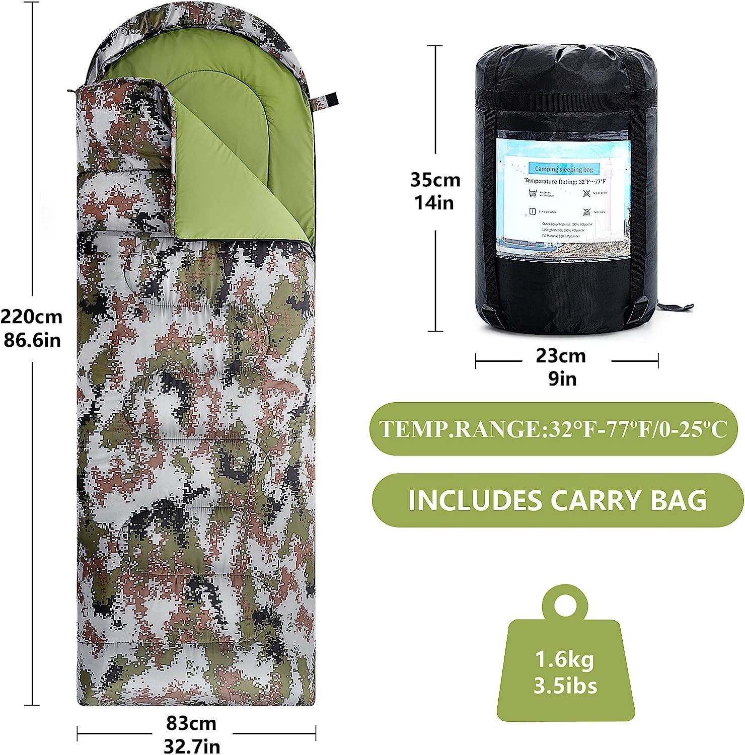 Camouflage Camping Sleeping Bag, Adults & Kids Seasons Warm Cold Weather Hiking Camping Indoor Outdoor Use