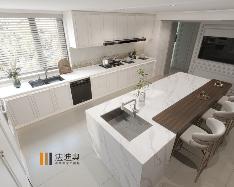 Refined Chic Modern Cream White Stainless Steel Kitchen Cabinetry With Luxurious Marble
