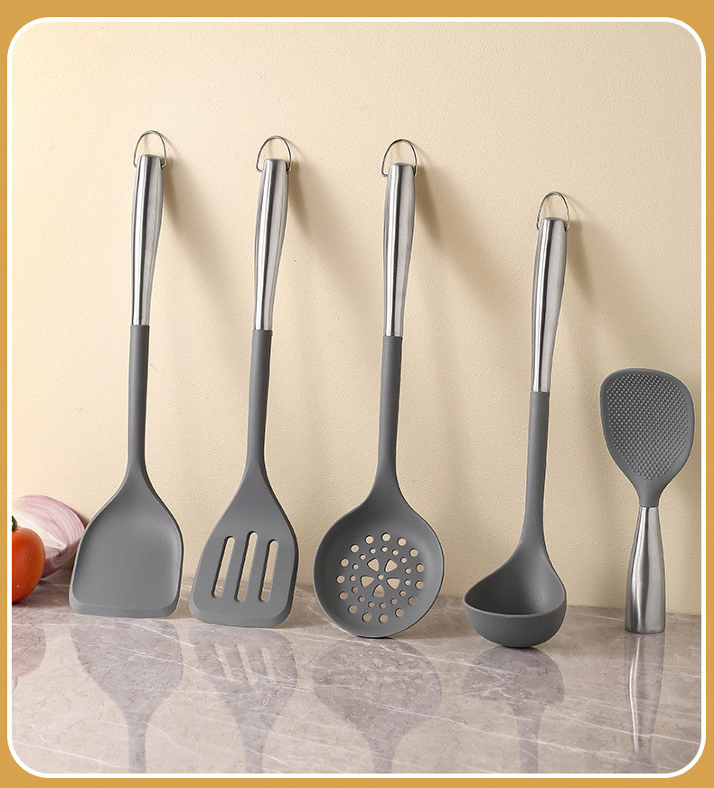5Pcs Non-stick Kitchen Utensil Silicone Cooking Utensil Set Silicone Cookware Kitchen Tools Gift with Stainless Handle