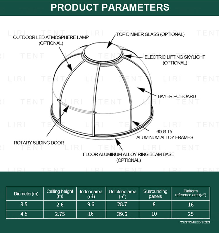 Aluminium Prefab Hotel Polycarbonate Star Glass Dome House Event Party Tents