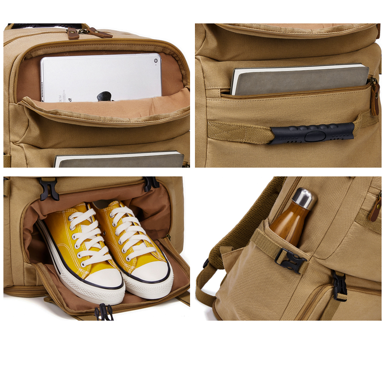 Retro Large Capacity Outdoor Travel Bags Mens Canvas Laptop Backpack 56-77 Litre