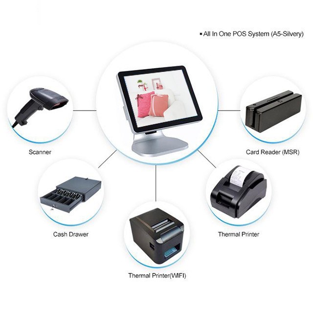 Scratches Resistance Silver Color 15 Inch All In One Pos With 8 Digital LED Display