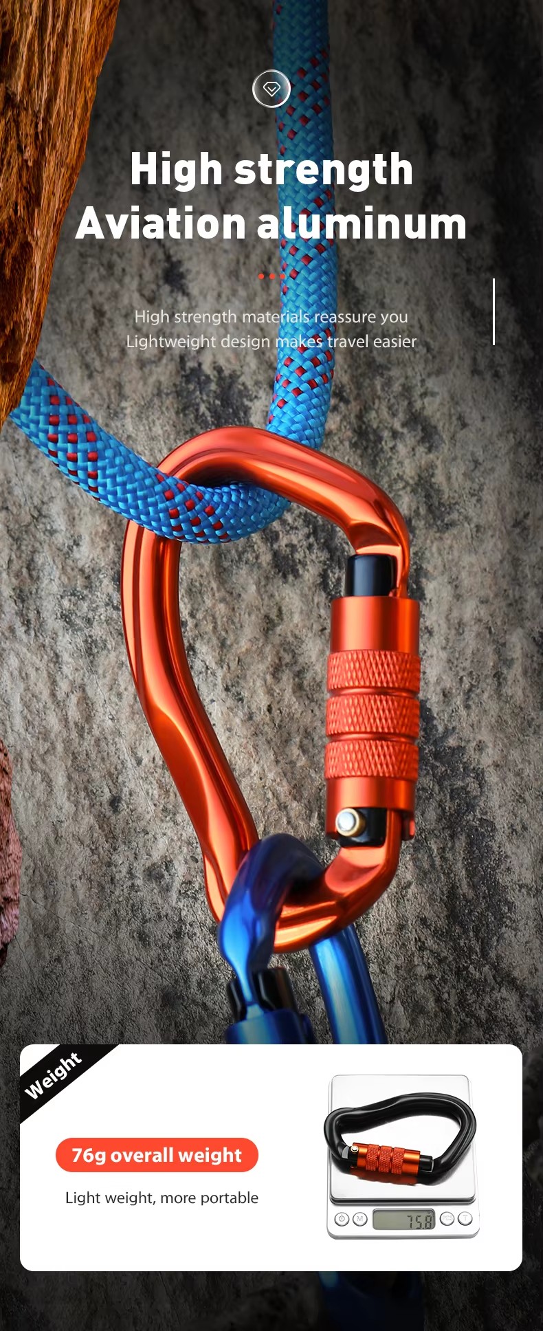 Secure Locking Aluminum Carabiner Clips with Galvanized Finish and Snap Hook