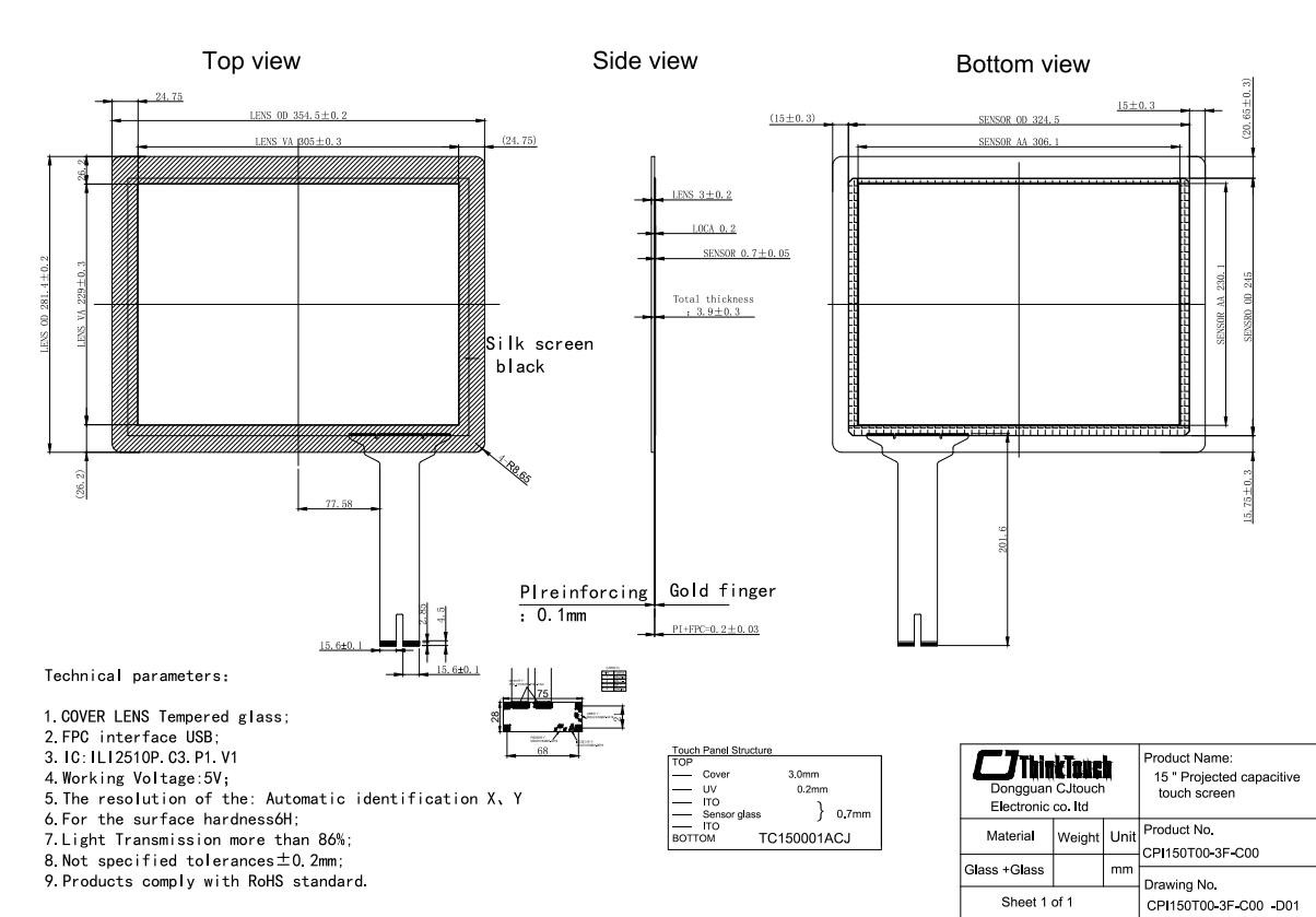 10 Point 15" PCT Capacitive PCAP Touch Screen With USB Interface