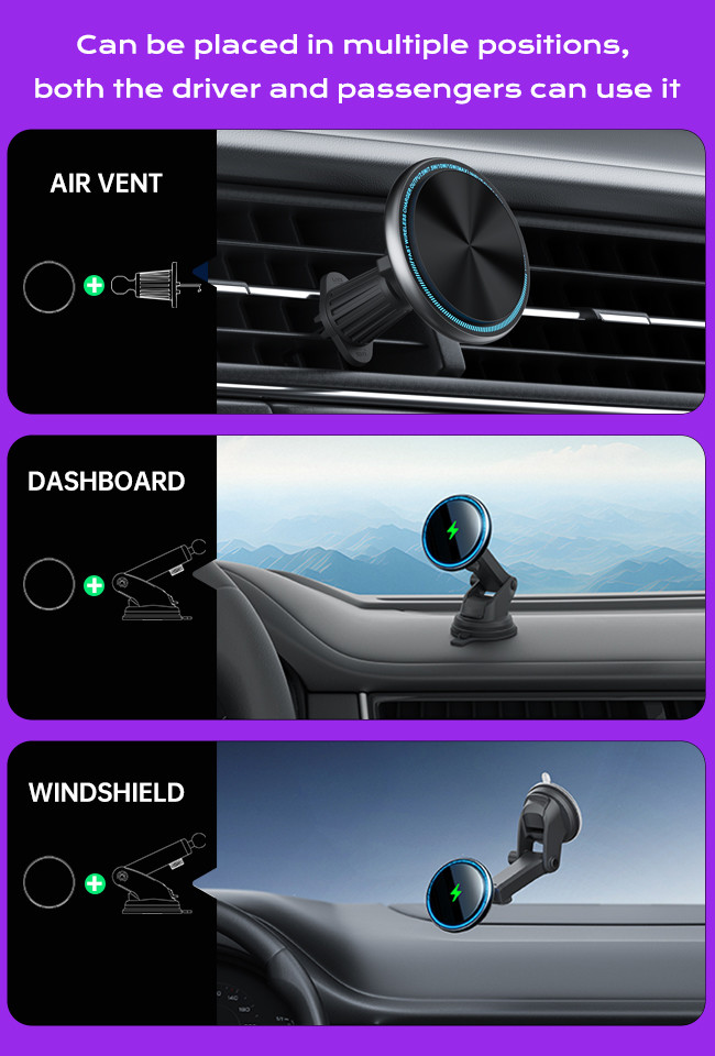 Metal Ambient Light 15w Wireless Charger Car Phone Holder With Oval Shape And Magsafe Magnetic Suction