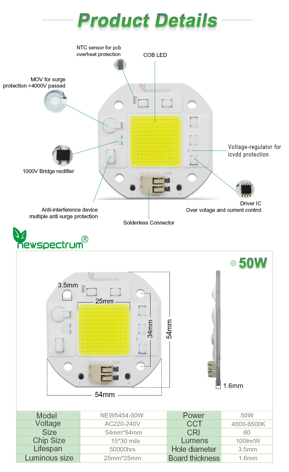 Solderless Chip On Board Led COB 50W 220V For Floodlight Downlight