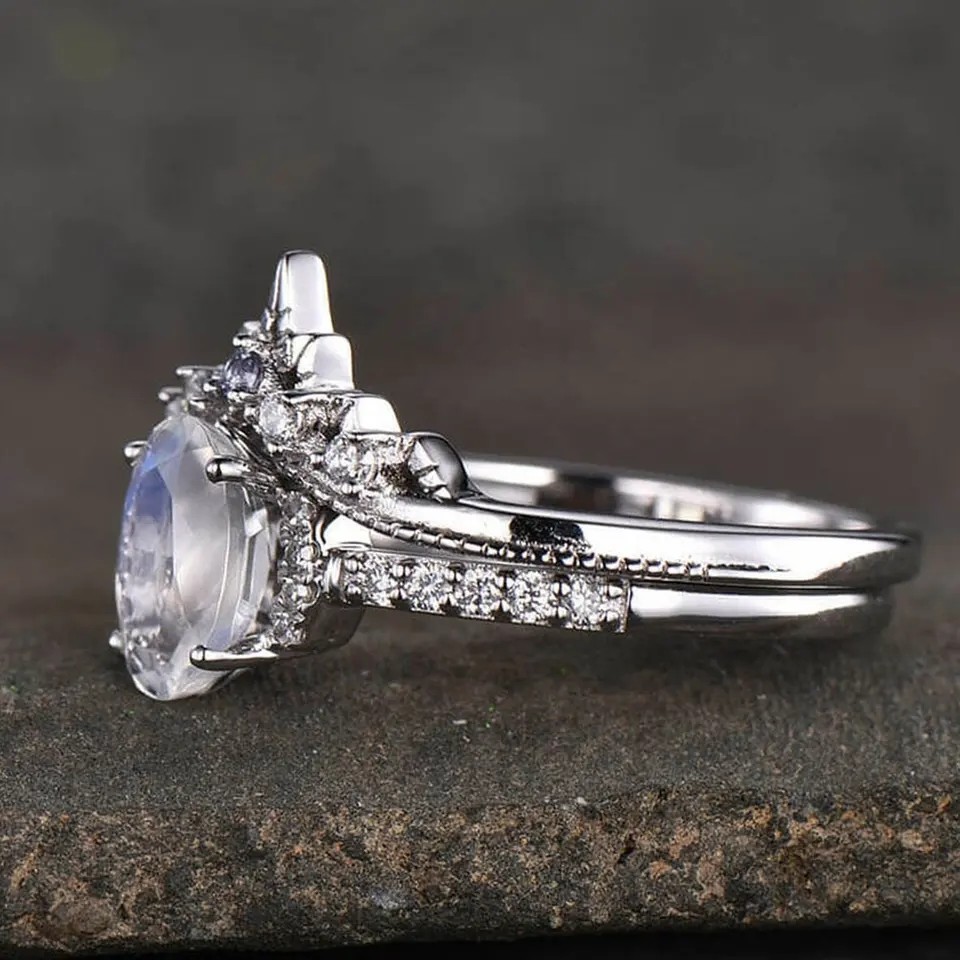 925 Sterling Silver CZ Natural Jewelry Faceted Rainbow Moonstone Three Stone Ring