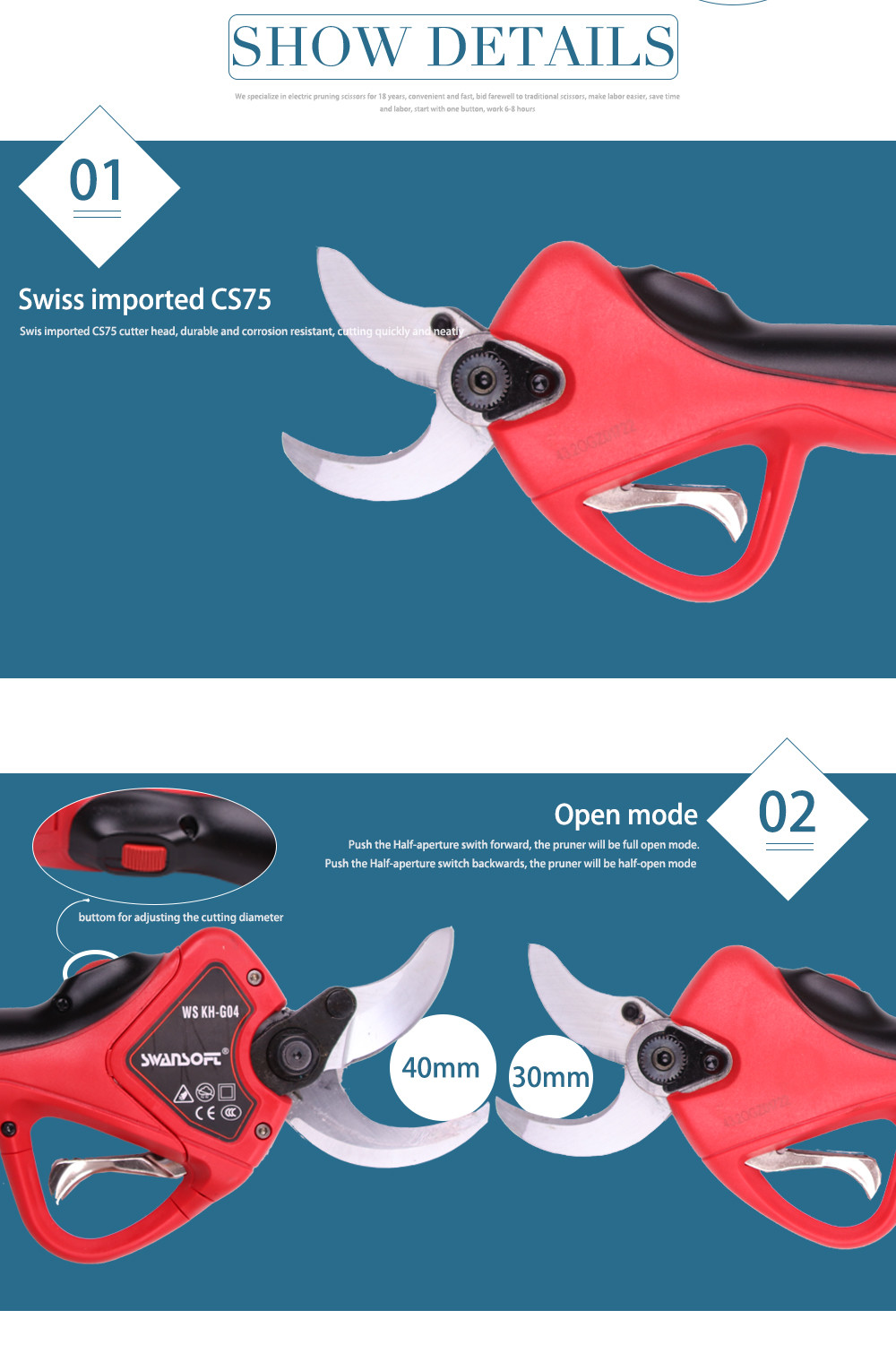 Swansoft Pantalla LED de litio Batería Cizalla diámetro 40MM Tijeras de podar eléctricas Tijeras Electric Pruner