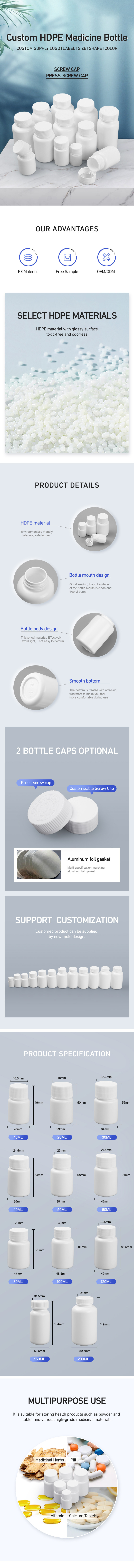 Empty Round White Plastic Pill Bottle HDPE medicine bottle 50ml 60ml 100ml 150ml 200ml