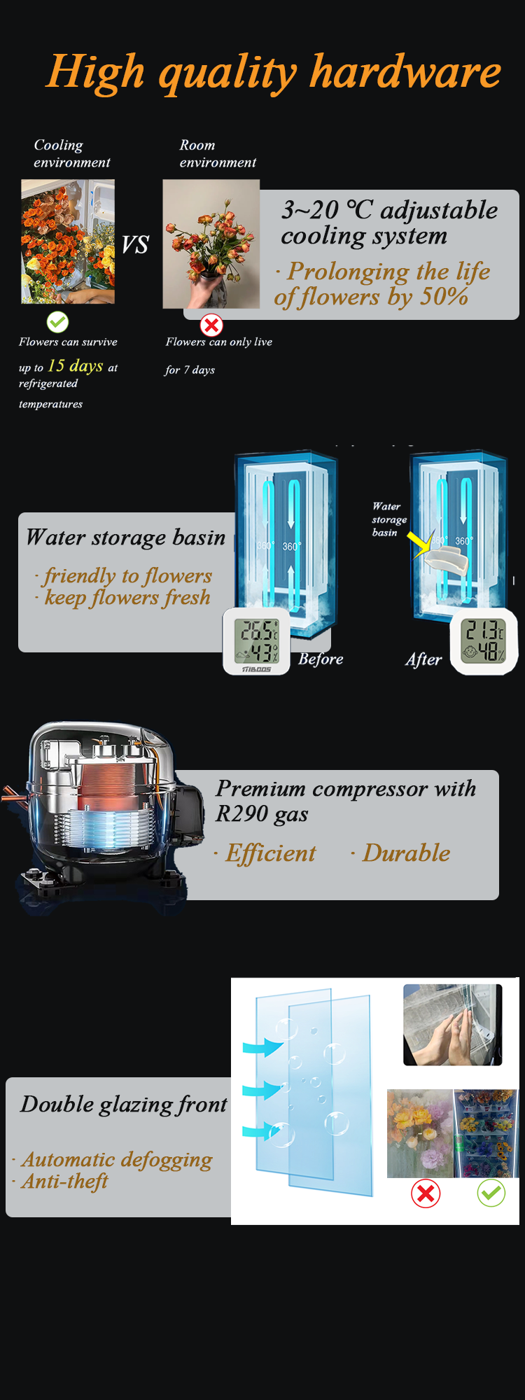 Micron smart cooling locker vending machine use high quality hardware, we put a water storage basin in the flower vending machine