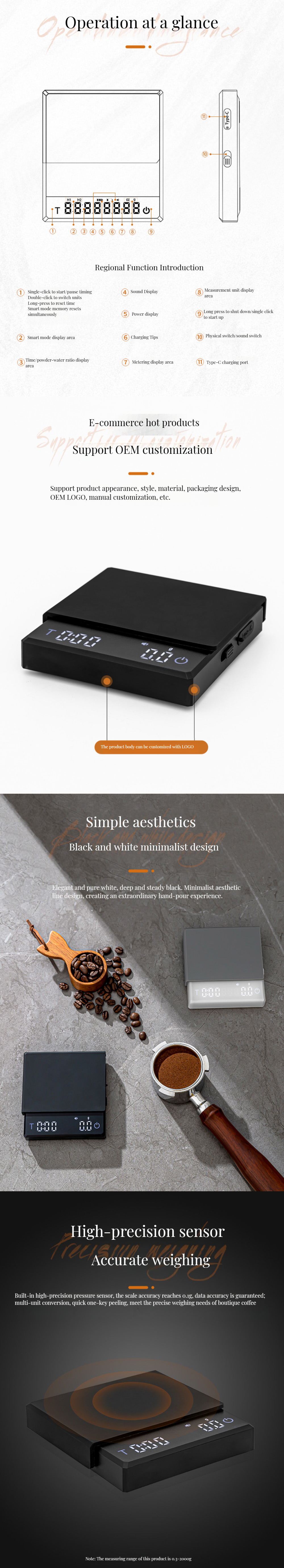 Maximum Weight Recommendation 2kg Rechargeable Chronograph Scale for Waterproof Coffee