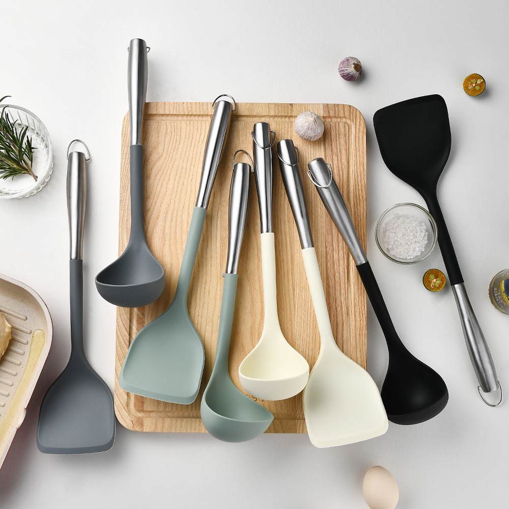 Silicone Stainless Steel Kitchen CookinUtensils Set 2-Pieces Flexible Silicone Head Cooking Utensil With Spatula, Ladle