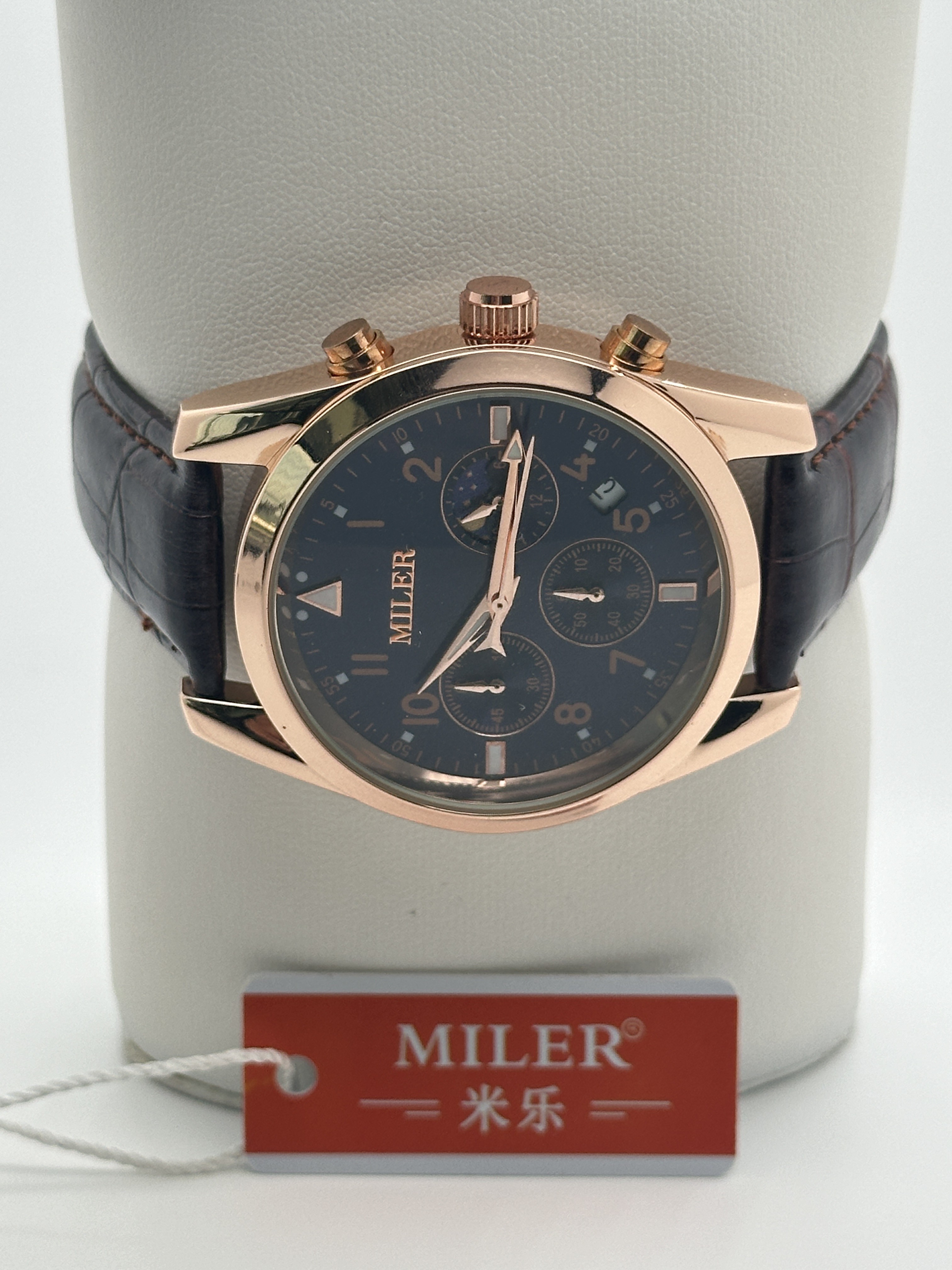 Scratch Resistant Quartz Watch with White Dial Black Leather Band and Buckle Clasp