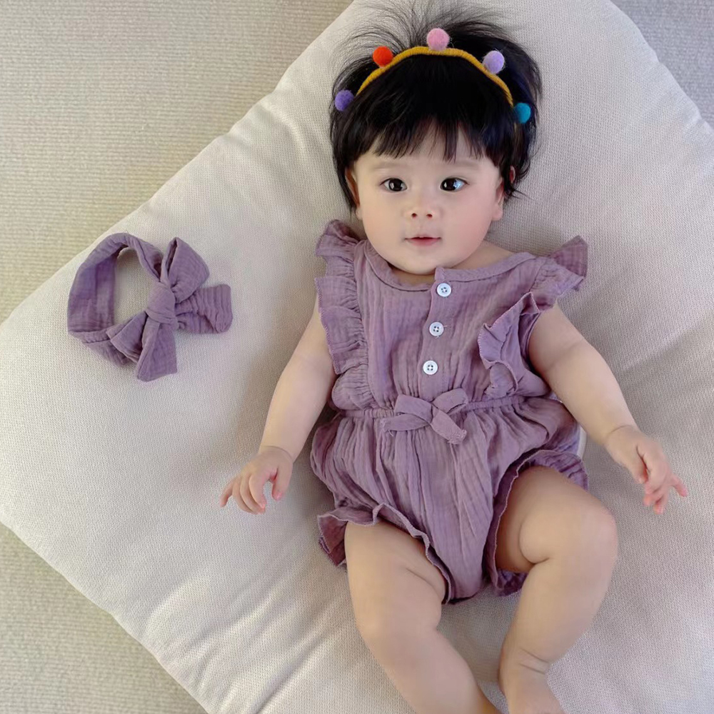 In Stock Summer Baby Girls Romper + Headband Cotton Linen Ruffles Sleeveless Infant Rompers Newborn Clothes