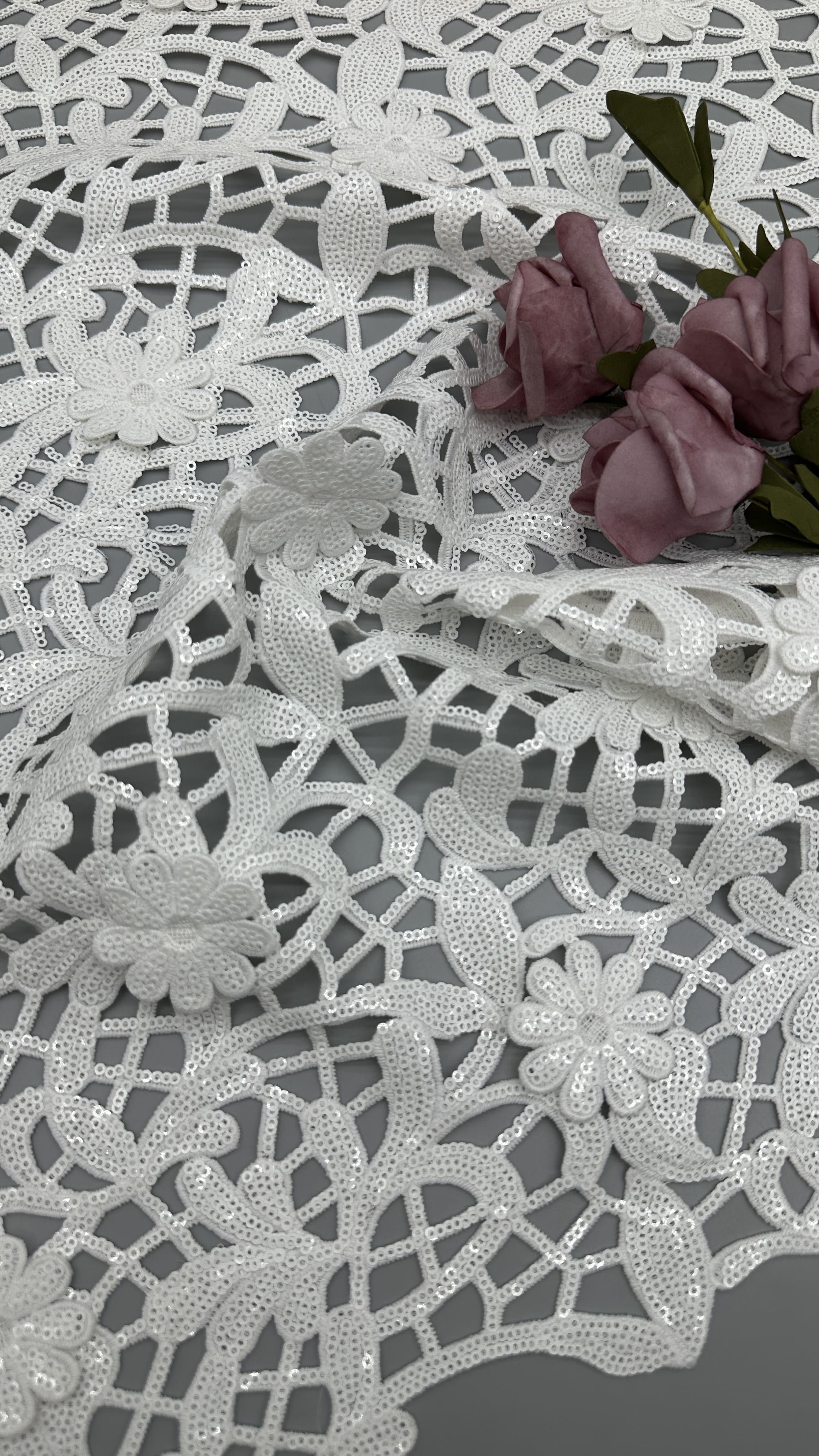 Crochet Lace Fabric White Sequin Embroidered Lace Fabric Leafy Luxury Occasion Wedding Fabric