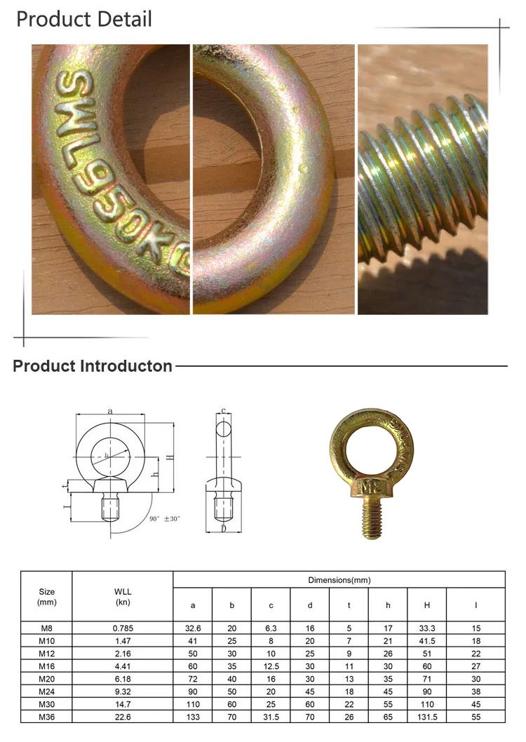 Yellow Zinc Plated Steel JIS 1168 Lifting Eye Bolt for Durable and Sturdy Lifting