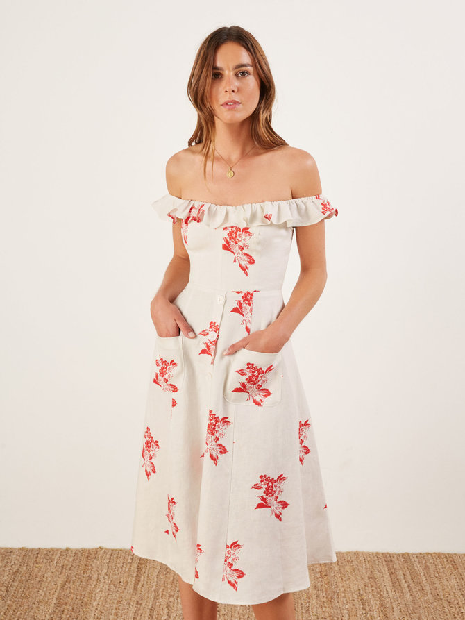New Design Floral Printing Ladies Fashion Linen Boho Ruffle Dress Women