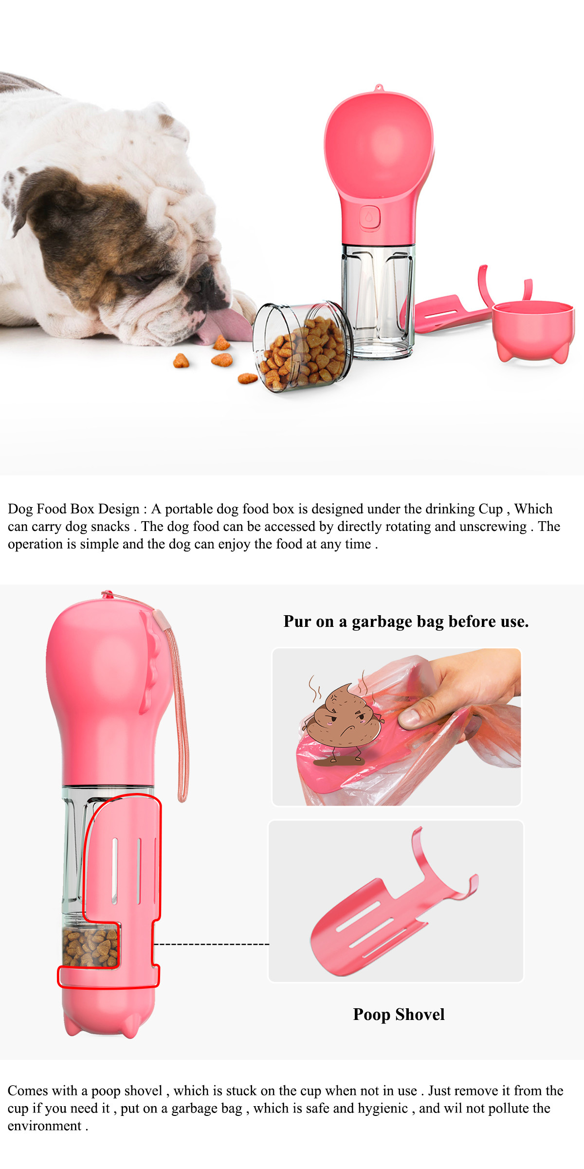 ABS 4 In 1 Pet Feeders Dog Bottle 300/500ml With Food Storage And Poop Bag