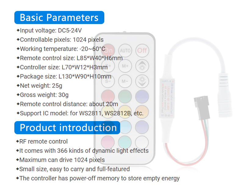 21 Keys Mini RF Remote Controller , Magic Color Controller For LED 2811 2812 Pixel Strip