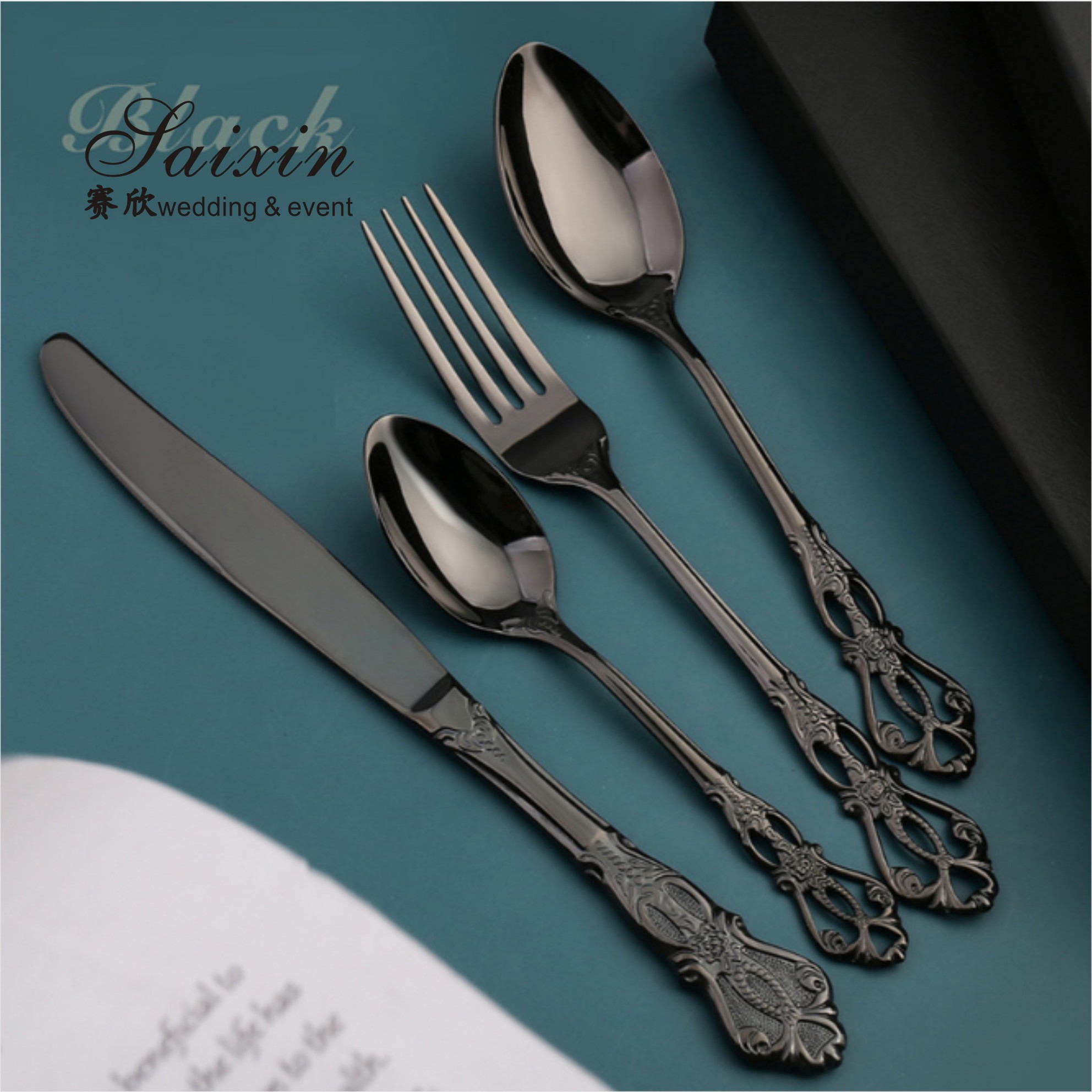 SX-GP-012 Luxury vintage stainless steel knife fork spoon 4pieces set cutlery for wedding dinner party