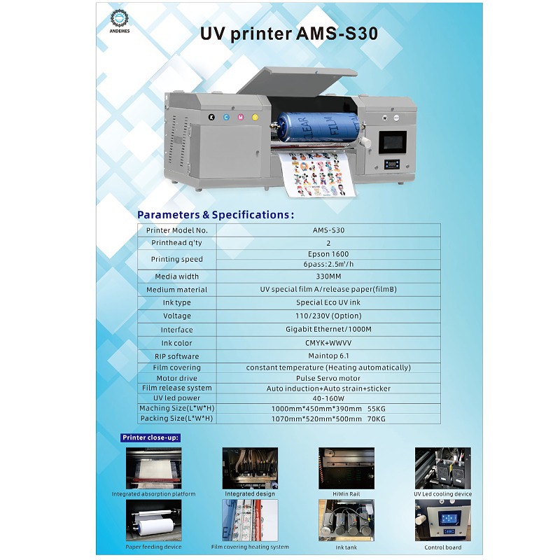 UV Inkjet Printers 3060 Roll to Roll Andemes A3 Flatbed Printer for UV DTF Printing