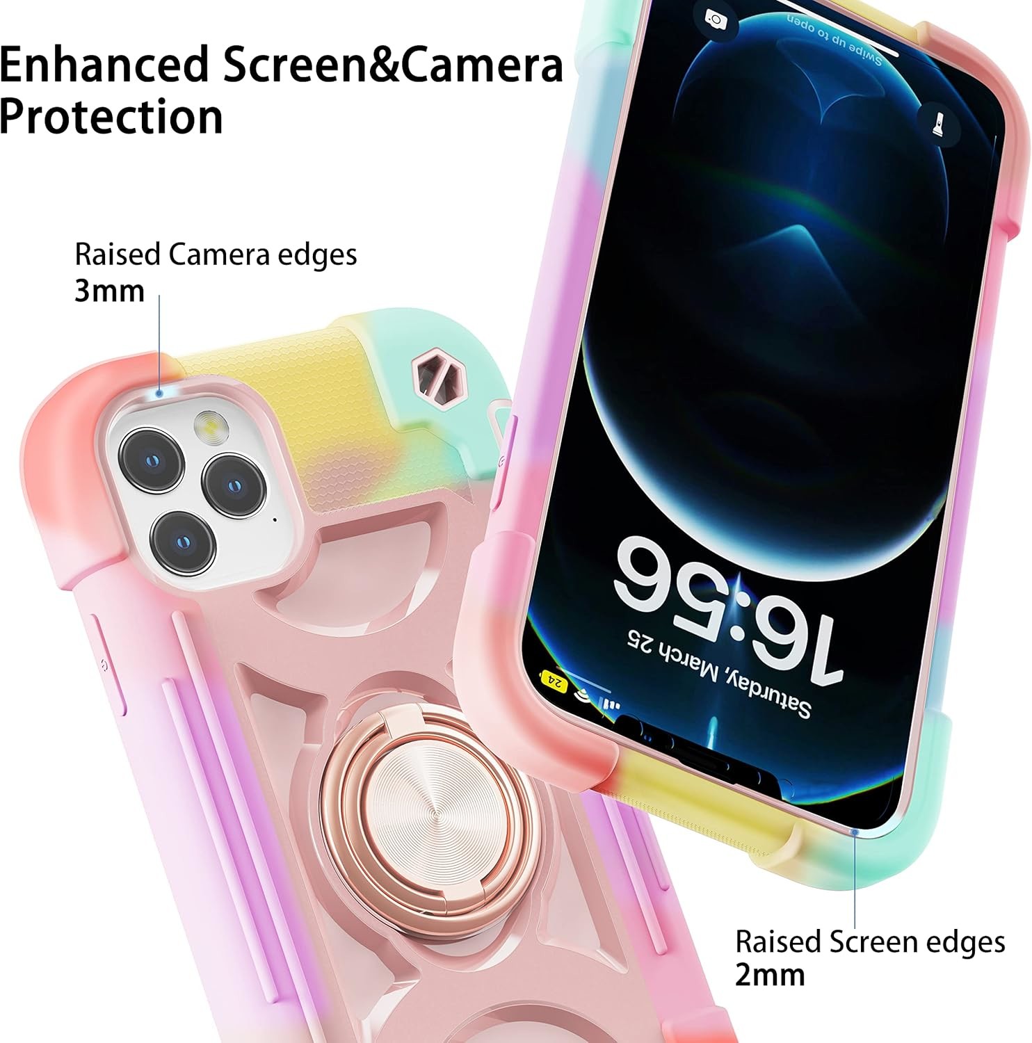 iPhone 12 Pro Max Case 6.7" - Heavy-Duty Shockproof, Ring Stand, Glass Screen & Camera Lens Protector (Rainbow Pink)