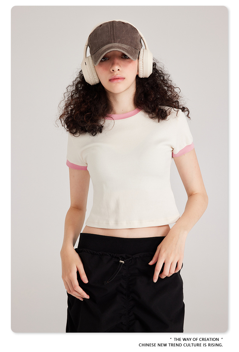 Embroidery Decoration Women's Y2k Vintage Young Fashion Contrast Ringer Crop T shirt