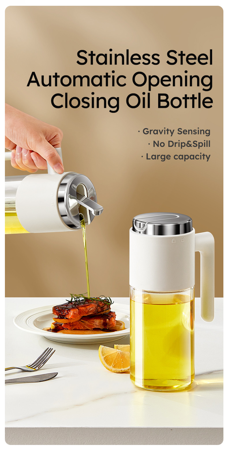 500 Ml 17oz Glass Olive Oil Dispenser Bottle Oil Pot with Handle Auto Flip Leakproof Condiment Container with Stainless Steel lid