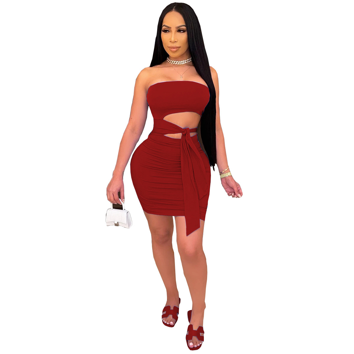 Lace Strapless Skirt Irregular Waist Hollowout Solid Color
